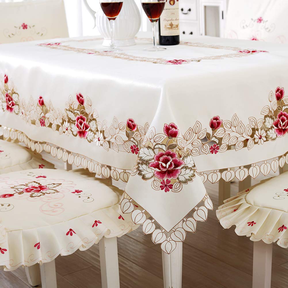 LeLehome Flowers Embroidery Tablecloth 57" X 86", Vintage Classic Lace Beige White Leaves Dining Table Cloth Table Cover for Festival Wedding Party Home Kitchen Rectangular