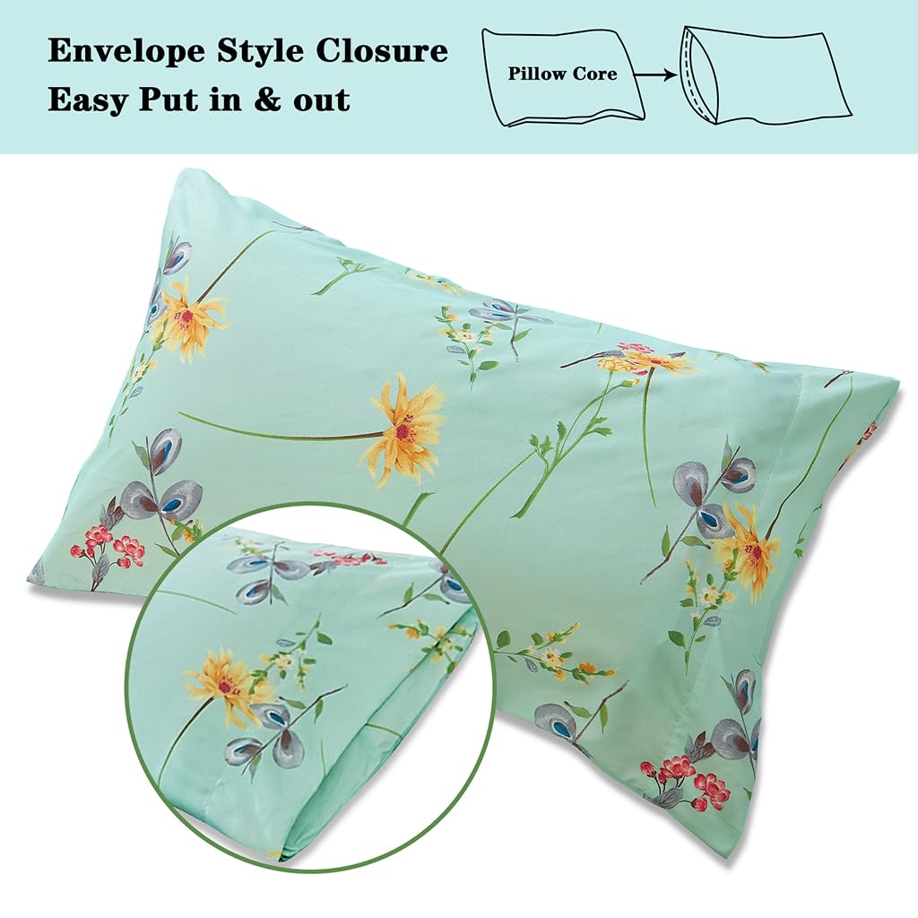 JSD Green Floral Printed Sheet Set Queen Size, 4 Piece Soft Botanical Microfiber Sheets Extra Deep Pocket