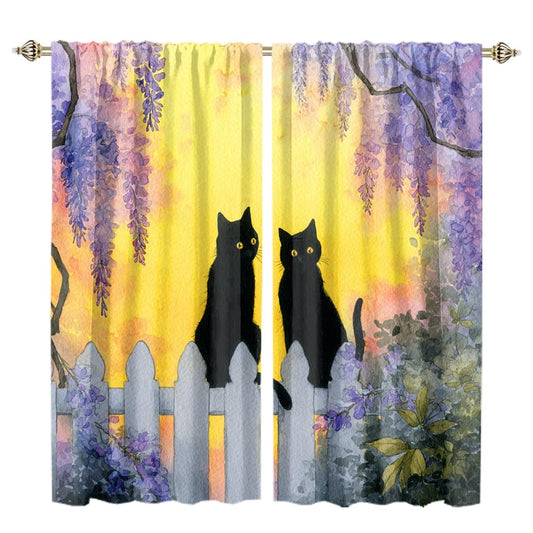 XSUPFLYM Cute Beautiful Black Cat Window Thermal Curtain for Living Room Colorful Modern Spring Garden Animal Black Cats Plant Lilac Floral Blackout Curtains for Bedroom 2 Panels Each 21" W x 45" L