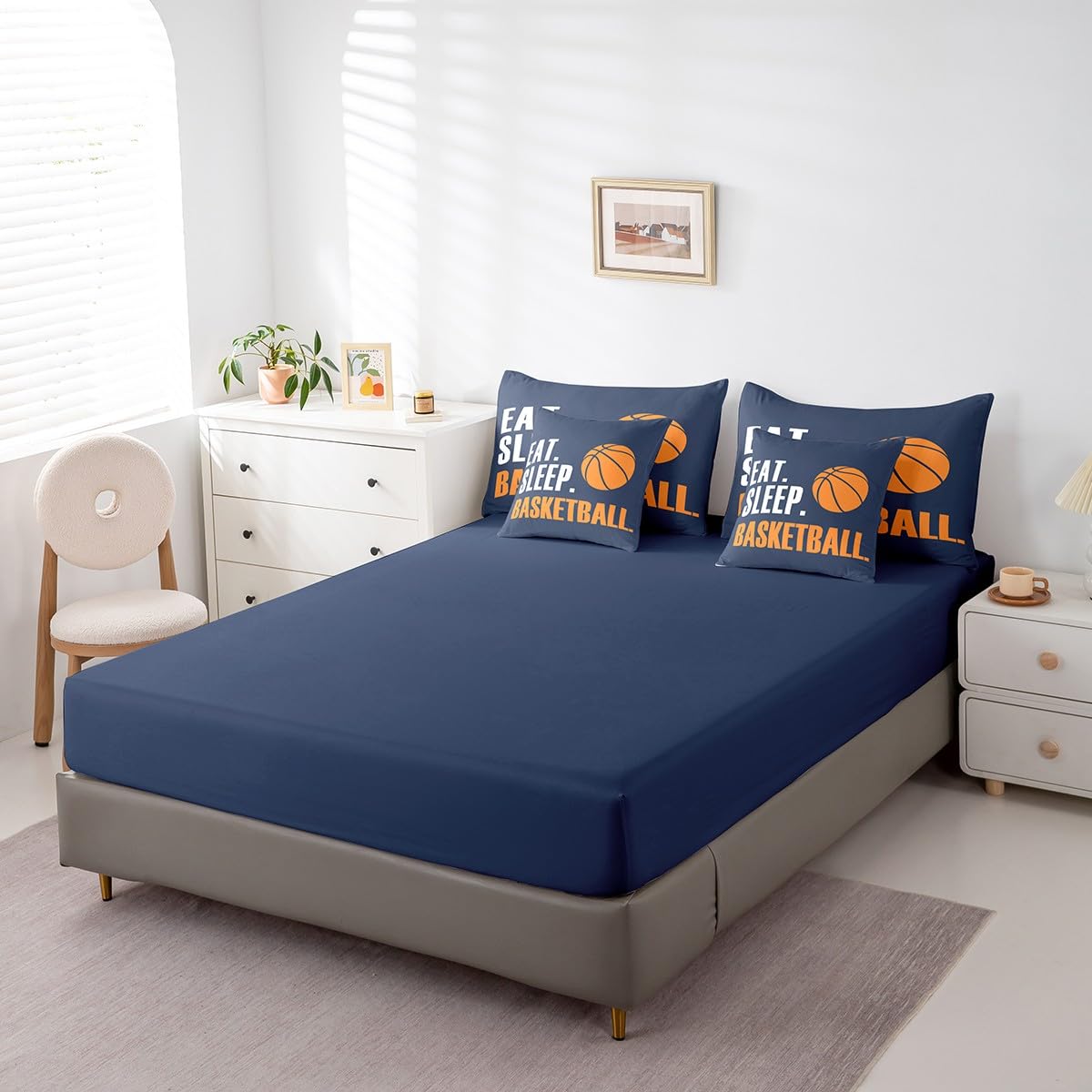 Feelyou Basketball Comforter Set 7 Piece 3D Ball Sports Bedding Twin Comforter Set for Boys Girls Women Men Blue Eat Sleep Basketball Bedding Set Ball Games Room Decor Bed in a Bag
