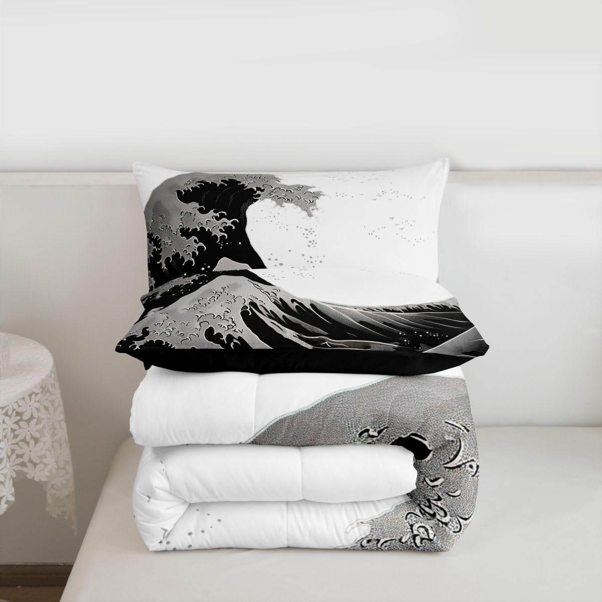 jejeloiu Black and White Wave Kids Comforter Set Queen Size Japanese Style Bedding Set Ocean Wave Duvet Quilt for Kids Boys Girls Bedroom Decor Microfiber Ultra Soft Breathable