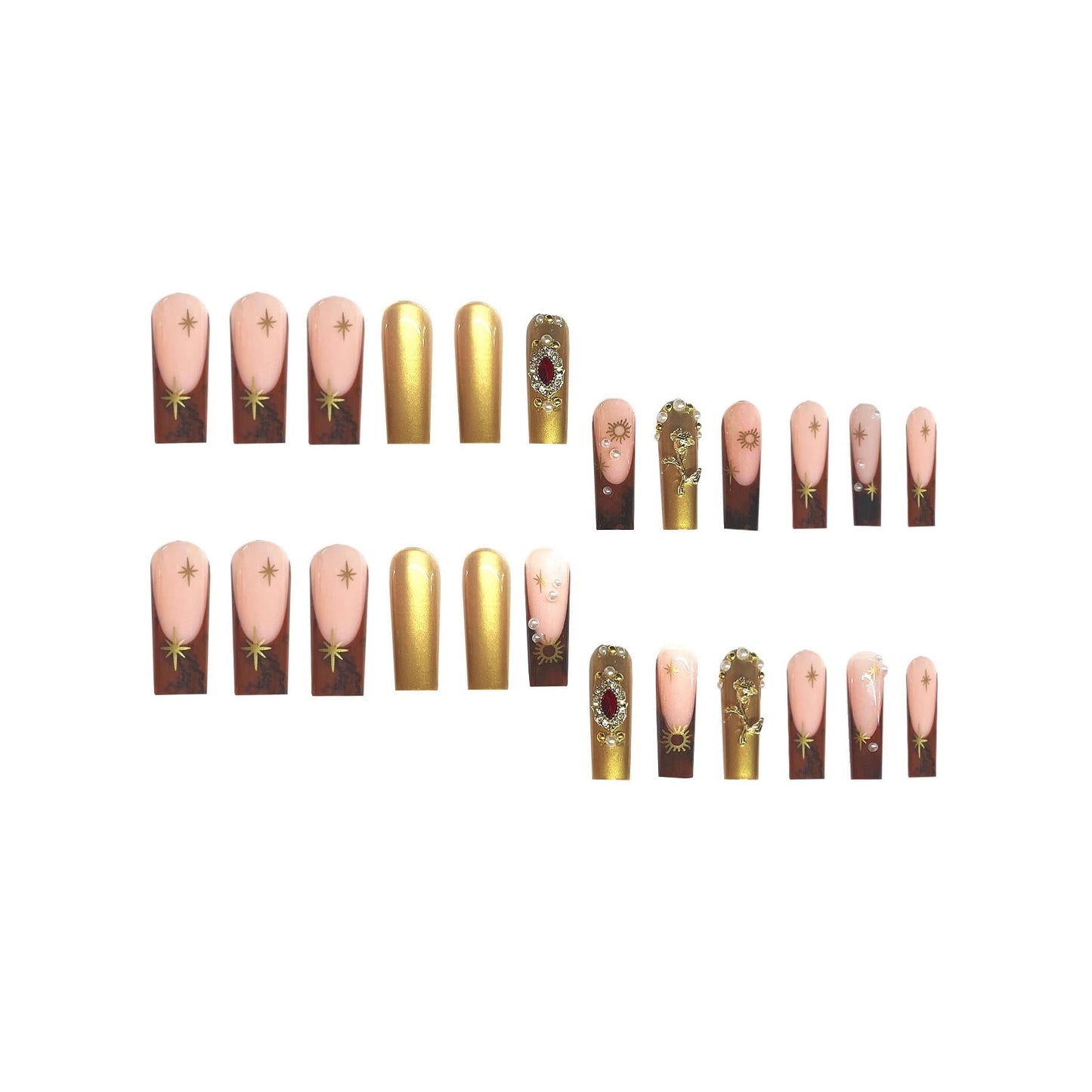 plalely Square Press on Nails Long Gold Fake Nail3D Embossed Acrylic Nail Press ons Red Rhinestones Stick on Nails for Women 24pcs