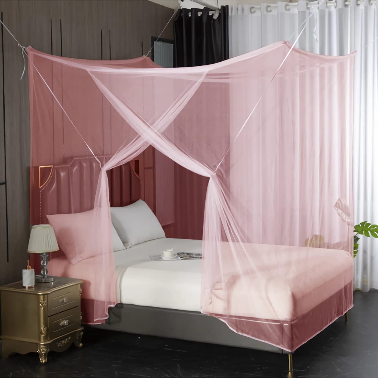 Eimilaly 8-Corner Bed Canopy Curtains for Girls, Boys, Dormitory, Loft Beds & Outdoor Camping, Fits 1.8M Single Bed - Pink