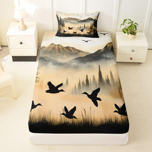 jejeloiu Mallard Duck Fitted Sheet with 1 Pillowcase Twin Size Hunting and Fishing Bed Sheets Set 16" Deep Pocket Boys Girls Foggy Mountain Bedding Vintage Teens Bedroom Decor Breathable Soft