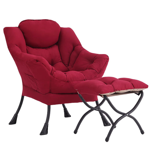 YOTATING Lazy Chair with Ottoman, Lounge Accent Arm Chair with Armrests, Side Pocket and Footrest, Leisure Upholstered Sofa Reading Chair with Footstool for Living Room Bedroom, Burgundy