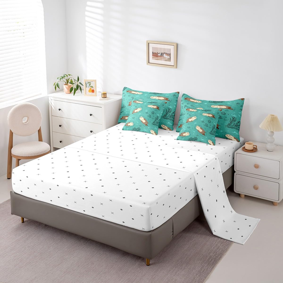 Erosebridal Otter Bedding Set for Kids Cute Ocean Animal Twin Comforter Set 7 Piece Cartoon Marine Life Bed in A Bag with Sheets for Boys Girls Blue Sea Aquatic Plants Bed Set