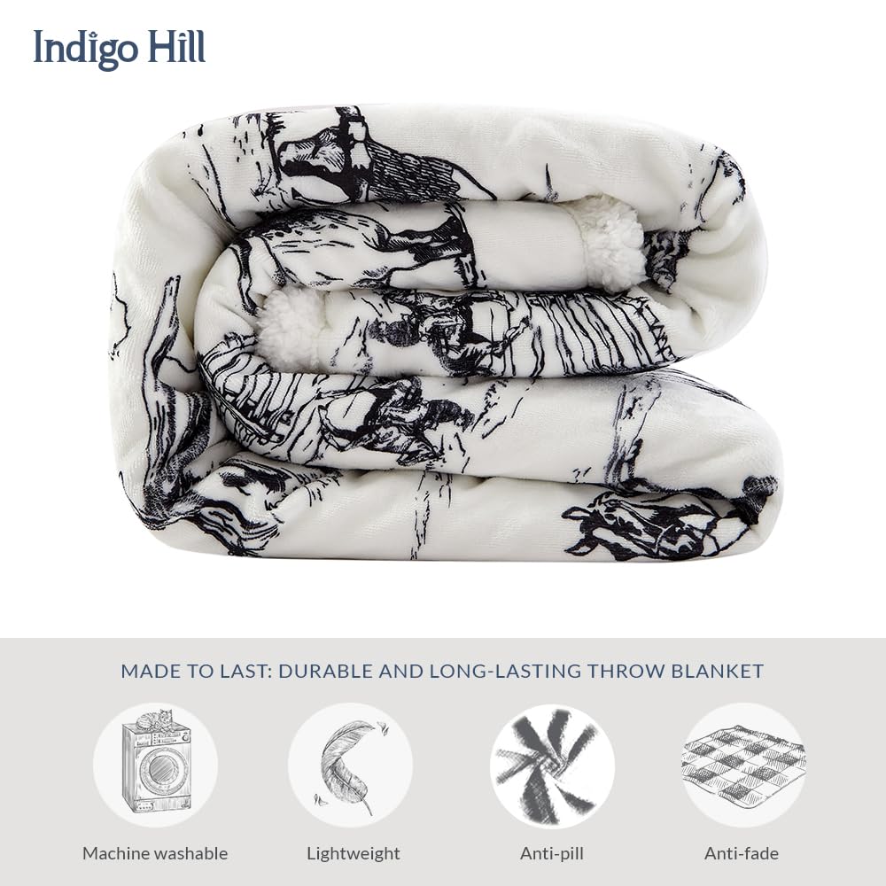 Paseo Road Indigo Hill by HiEnd Accents Ranch Life 3 Piece Sherpa Throw Blanket Set, White Black Cowboy Cow Longhorn Horse Print Fleece Throw Set, Western Rustic Style, 1 Throw and 2 Pillows