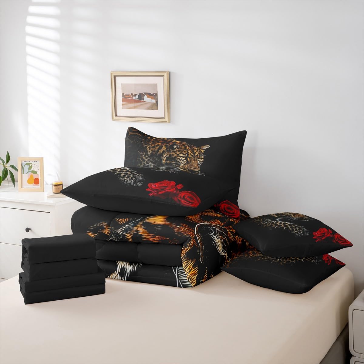 Erosebridal Leopard 7 Piece Bedding Set King Size Cheetah Bed in A Bag Rose Flower Comforter with Sheets African Savanna Animal Bed Sets