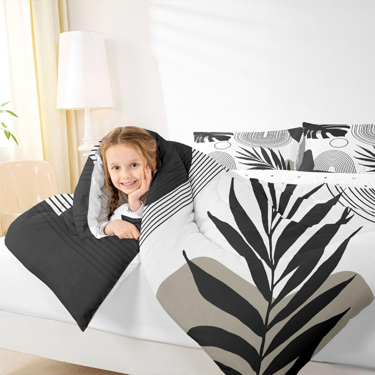 Erosebridal Boho Black White Twin Bedding Set, Mid Century Abstract Tropical Palm Leaf Comforter Set, Modern Minimalist Plant Botanical Comforter, Bohemian Geometric Art Lines Chic Duvet Insert