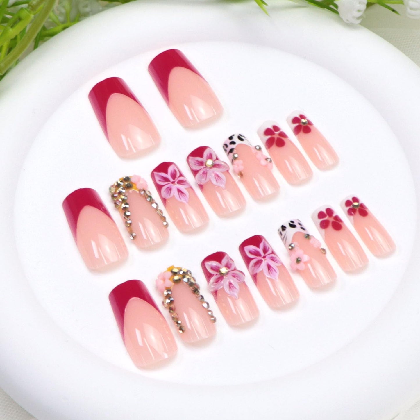 Medium Press on Nails Square Fake Nails with 3D Flower Rhinestones Designs White Pink Yellow Nails Press ons Fall False Nails for Women 24Pcs