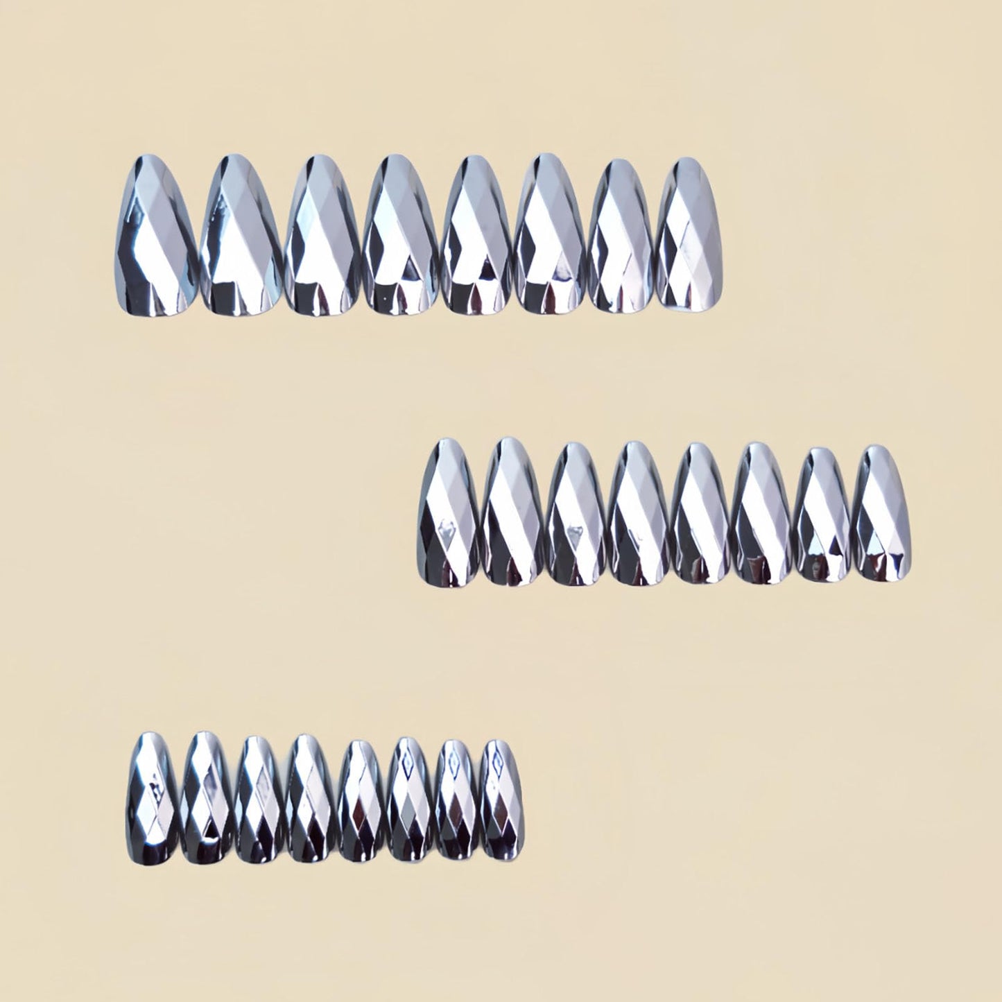 RUOKEXIN Almond Press on Nails Medium Length Fake Nails Silver Chrome False Nails with 3D Rhombus Designs Full Cover Nail Press ons Sparkly Artificial Nails for Women 24Pcs