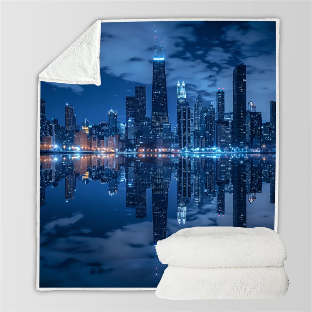 PAOABIU City Landscape Blanket Throw, New York Throw Blanket for Bed, Manhattan Midnight Breathable Warm Bed Throw, Cityscape Lightweight Fleece Blanket Throw 50"x 70" Camping & Travel Blanket