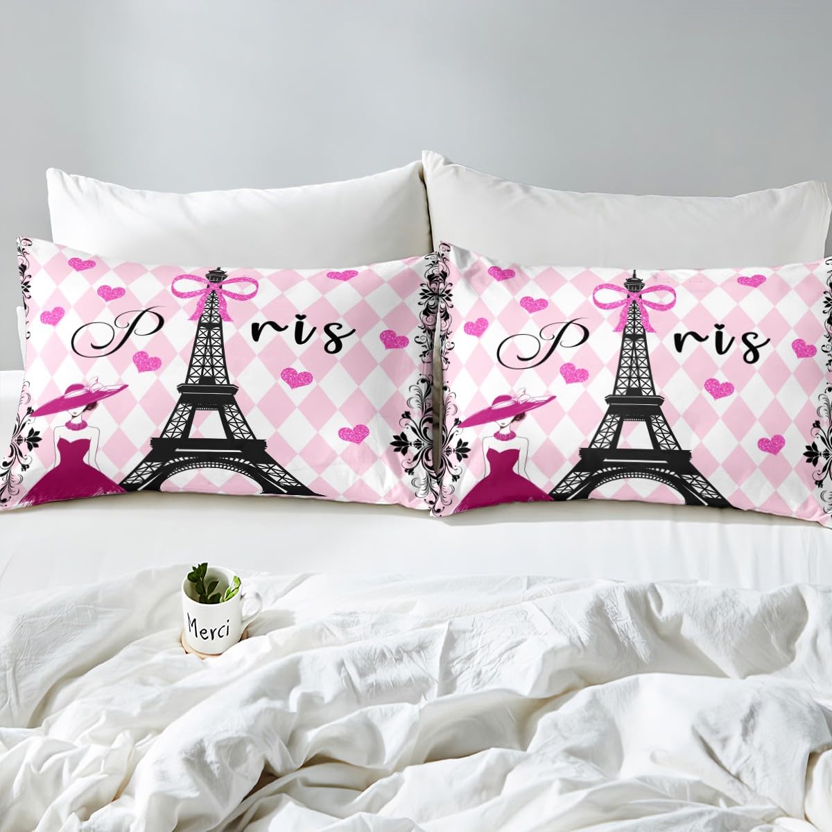 Romantic Paris Fitted Sheet Full 3 Pcs,Eiffel Tower Building Bedding Set,Glitter Bowknot Hearts Bed Sheet (No Top Sheet),Pink White Geometric Checker Deep Pocket Sheet,2 Pillowcases
