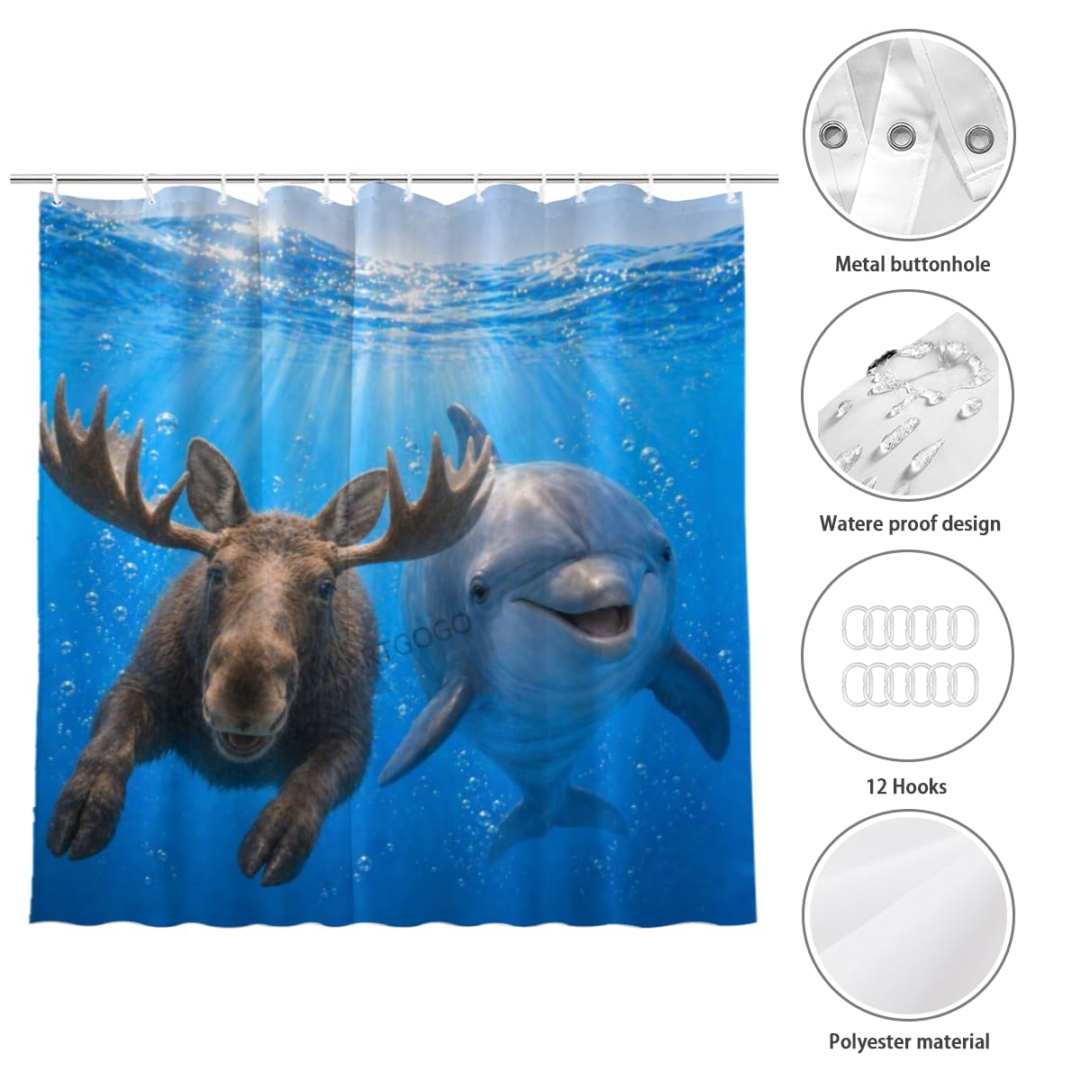 LFINKARTGOGO Ocean Moose Shower Curtain 72x72 with 12 Hooks Underwater Animal Dolphin Waterproof Washable Polyester Bath Curtain for Home Hotel Decor