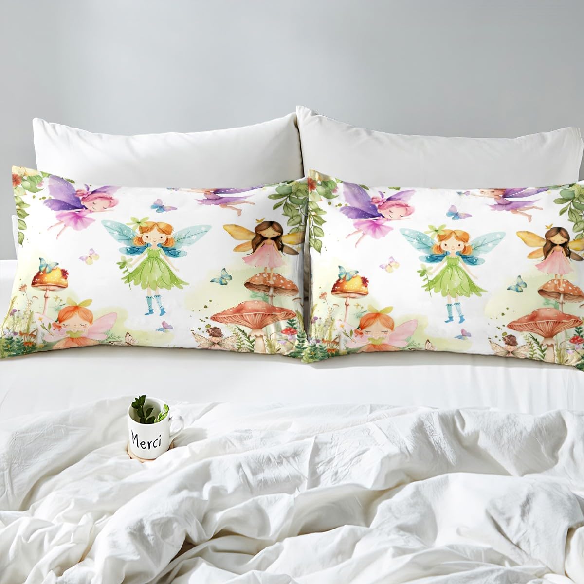 Erosebridal Fairy Garden Twin Bedding Set,Mushroom Butterfly Fitted Sheet for Girls Kids,Dreamy Fairy Floral Bed Set,Cute Girly Princess Bed Sheets 2Pcs Room Decor (No Flat Sheet)