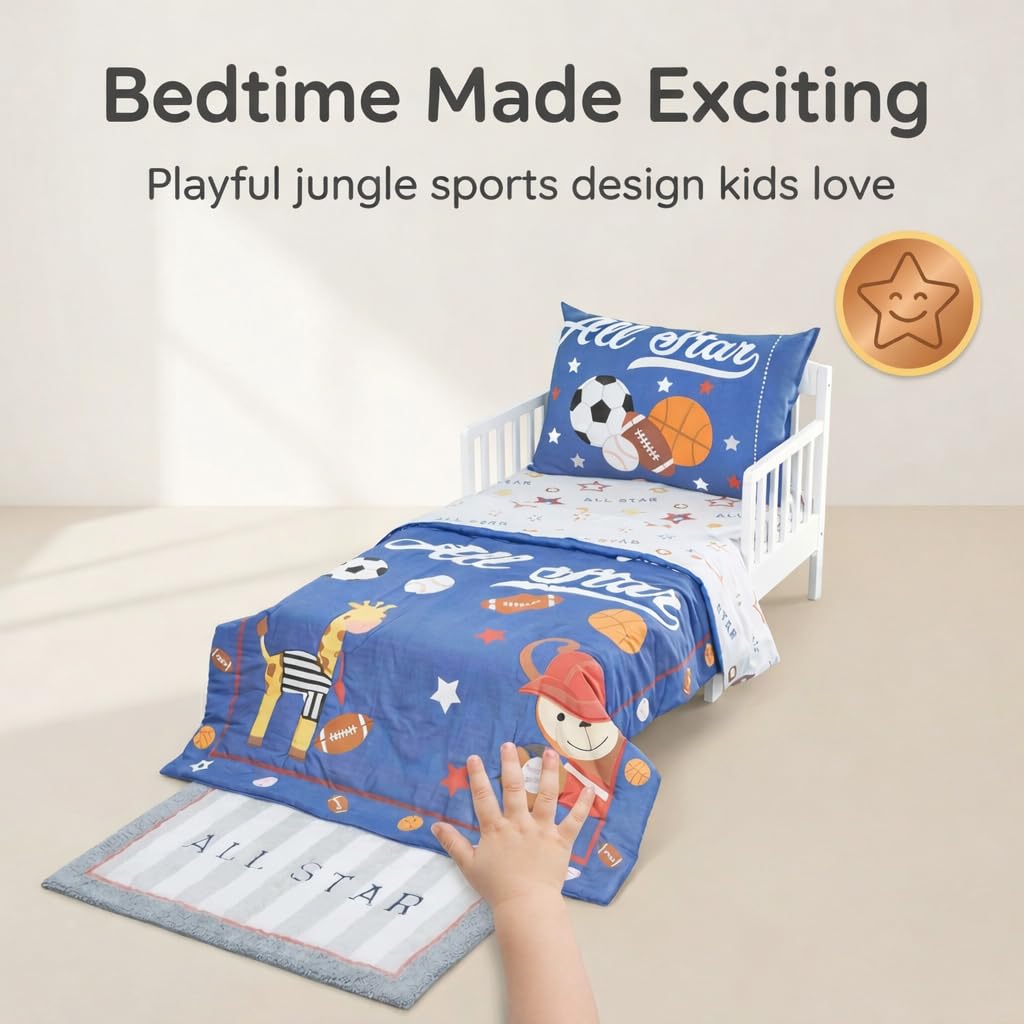 EVERYDAY KIDS 4 Piece Toddler Bedding Set - Jungle Sports - Soft 100% Cotton Percale - Includes Comforter, Flat Sheet, Fitted Sheet and Reversible Pillowcase