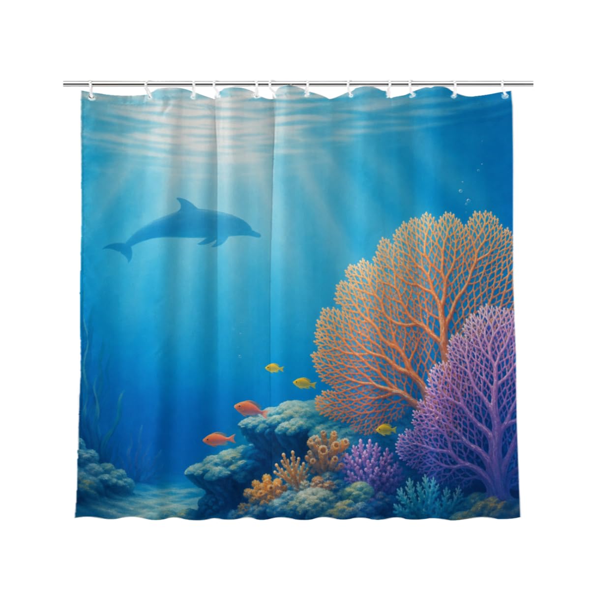 TopPacific Dolphin Coral Ocean Shower Curtain 72x72 Inch Shower Curtain with 12 Hooks Polyester Dolphin Coral Reef Blue Water Sun Rays Bathroom Decor