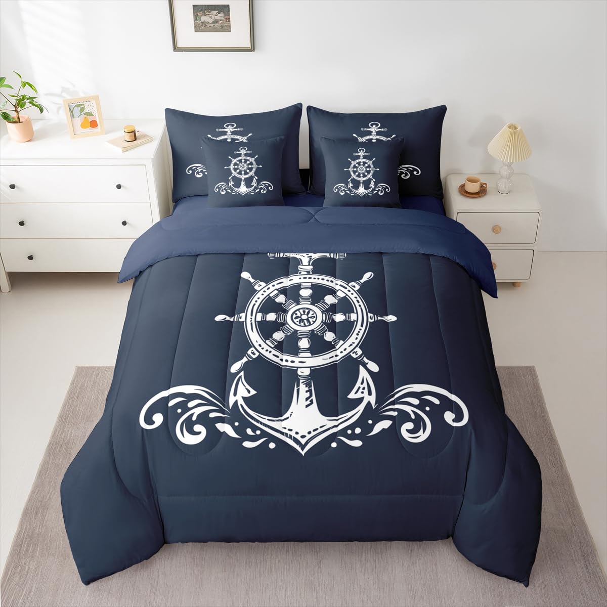 Erosebridal Nautical Anchor 7 Pcs Comforter Set Twin Size Ocean Sailboat Bedding Sets for Kids Boys Teens Adult Navy Blue Ocean Theme Bed in A Bag Coastal Compass Sheet Set