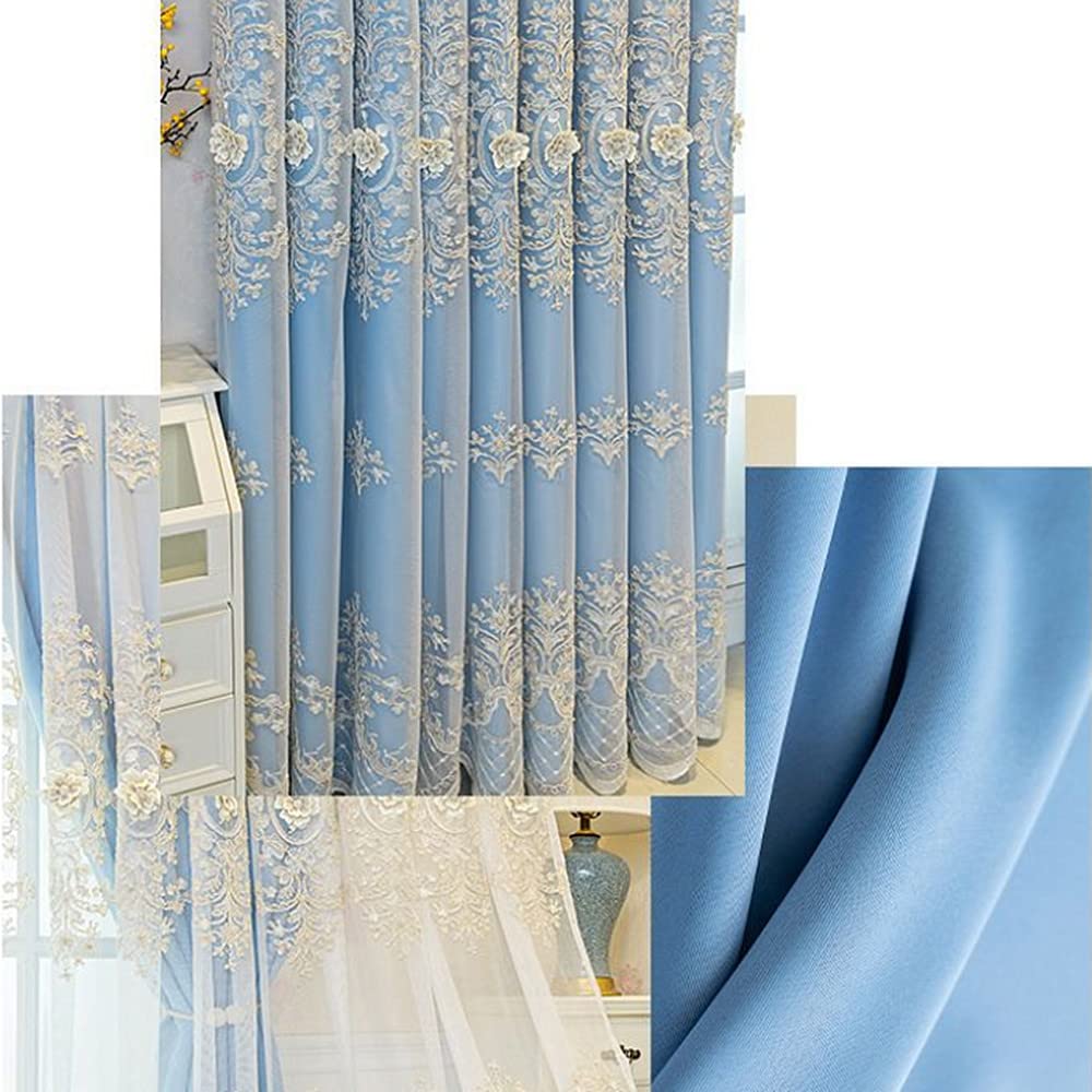 Amidoudou 1 Pair European Double Layer Curtains with Valances for Living Room Bedroom Luxury 3D Flower Embroidered Curtains (Blue,52x90 Inch)