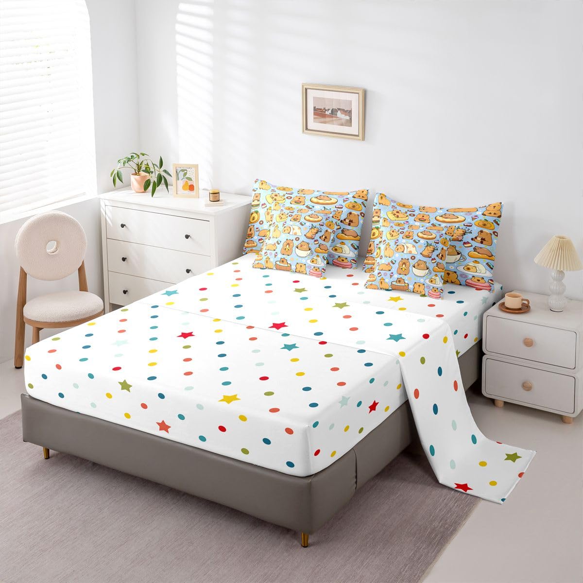 Cartoon Capybara 7 Pieces Bedding Set Twin Size,Kawaii Animals Bed in a Bag,Capybara Lovers Bed Set Includes Comforter,Sheet Set,Pillowcases & Pillow Covers,Yummy Foods Love Hearts Bedroom Decor
