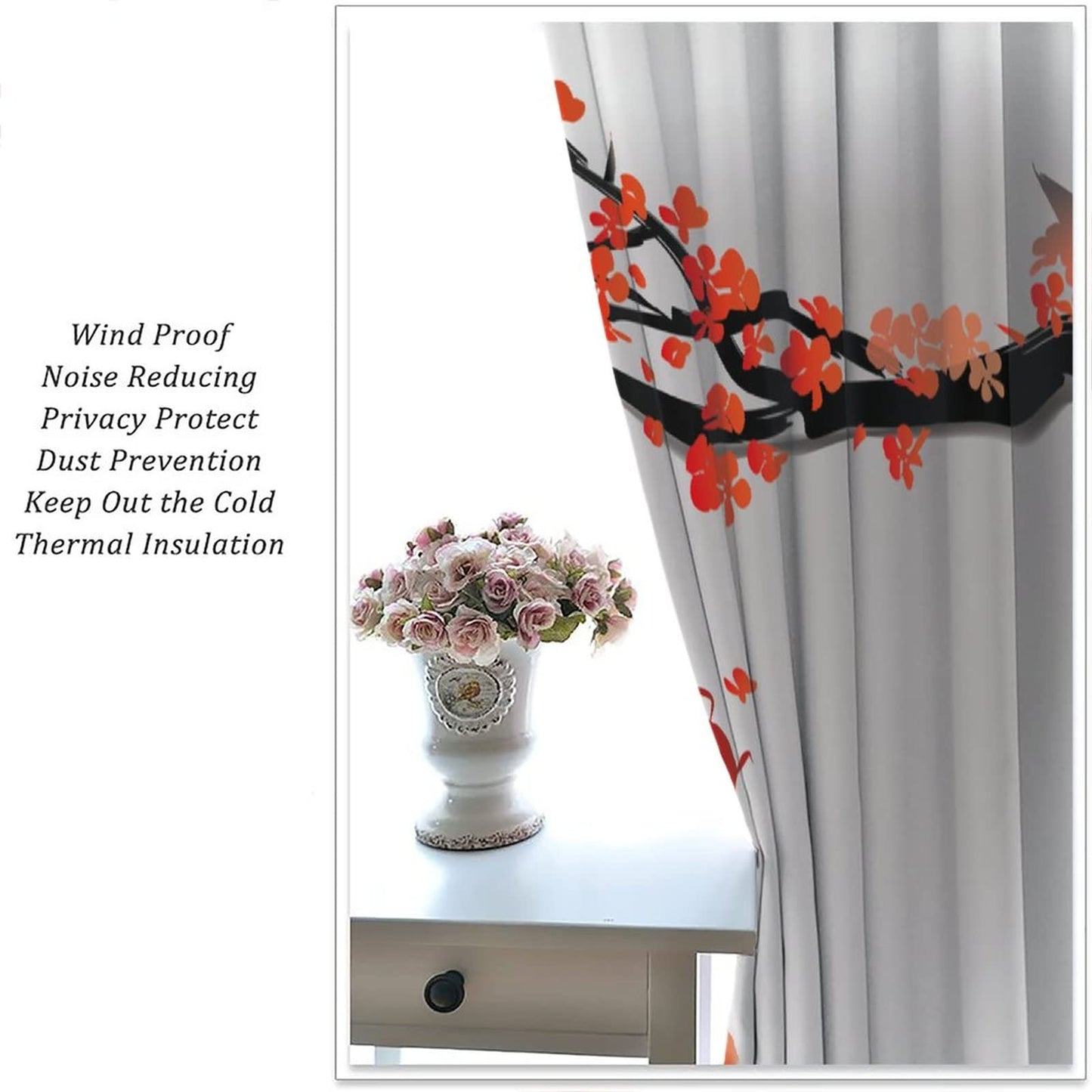 Japanese Style Curtains, Koi Fish Swimming Cherry Blossom Branch Design, Bedroom Living Room Decorative Room Noise Reduction Darkening, 2 Sets of Panels, 42x45 in. Orange Gray