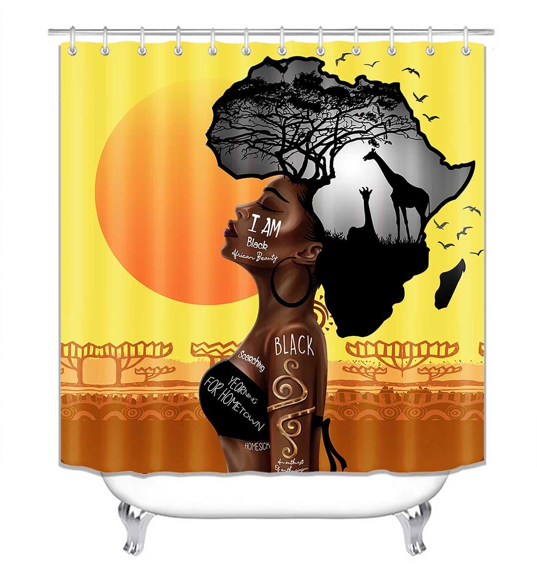 Jayden Madge 4PCS African American Woman Shower Curtain Set, Inspirational Quotes Sunset Safari Animals Tribal Afro Girl Proud Melanin Queen Black Women Bathroom Decor, Non-Slip Bath Mat Toilet Rug