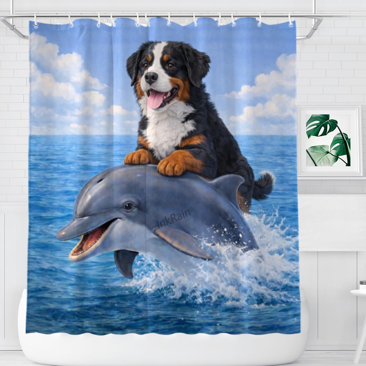 InkRain Ocean Bernese Mountain Shower Curtain with 12 Hooks Cute Puppy Riding Dolphin Bathroom Decor Waterproof Polyester Fabric Coastal Beach Bath Curtain 72x72 Inch