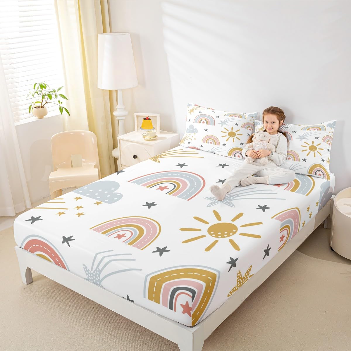 Erosebridal Girls Rainbow Fitted Sheet Sun and Stars Bed Sheets Full Size for Kids Boys Children Cartoon Cloud Bedding Set Girly Soft Microfiber Bed Sheet Home Decor with 2 Pillow Cases(No Flat Sheet)