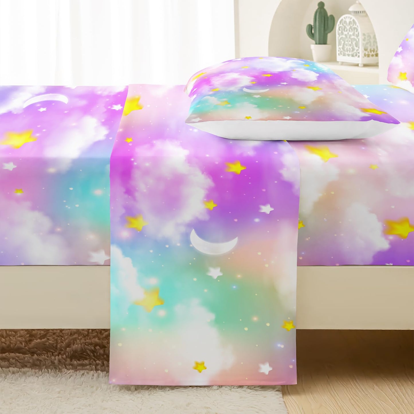QOOMO Rainbow Clouds Kids Bed Sheets Full Size,Moon Star Print Bedding Sheet Set,4Pcs Colorful Gradient Deep Pocket Bed Sets with 1 Fitted Sheet 1 Flat Sheet 2 Pillowcases for Boys Girls Teens