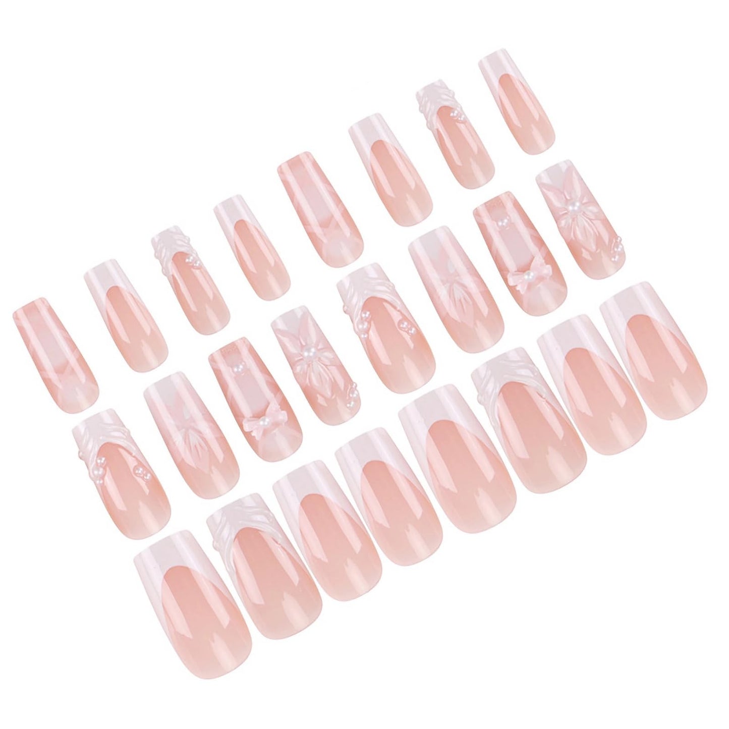 MERVF Press on Nails Long Square, White Ombre French Tip Fake Nails Flower Bow 3D Pearls Design Glue ons Winter Acrylic Nail Glossy 24pcs