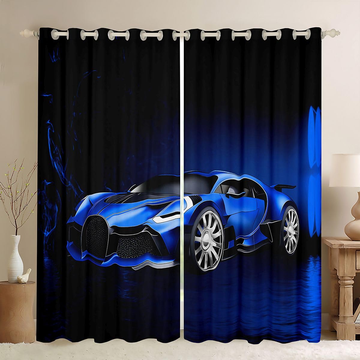 Sports Car Curtains Blue Race Car Window Curtains for Bedroom Living Room Kids Boys Extreme Sports Window Drapesfor Bedroom Living Room Cool Speed Luxury Car Decor Window Treatments 42W X 63L，2 Panels