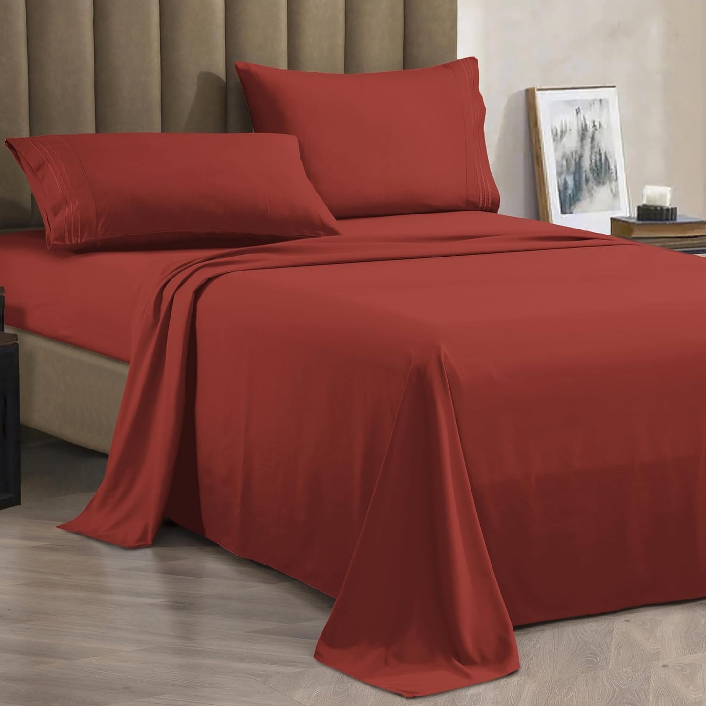 CELINE LINEN Premium 1800 Hotel Quality Wrinkle-Resistant 4-Piece Microfiber Sheet Set - Luxury Ultra Soft and Breathable Bedding 16 Inch Deep Pocket 4PC Sheet Set, King, Rust