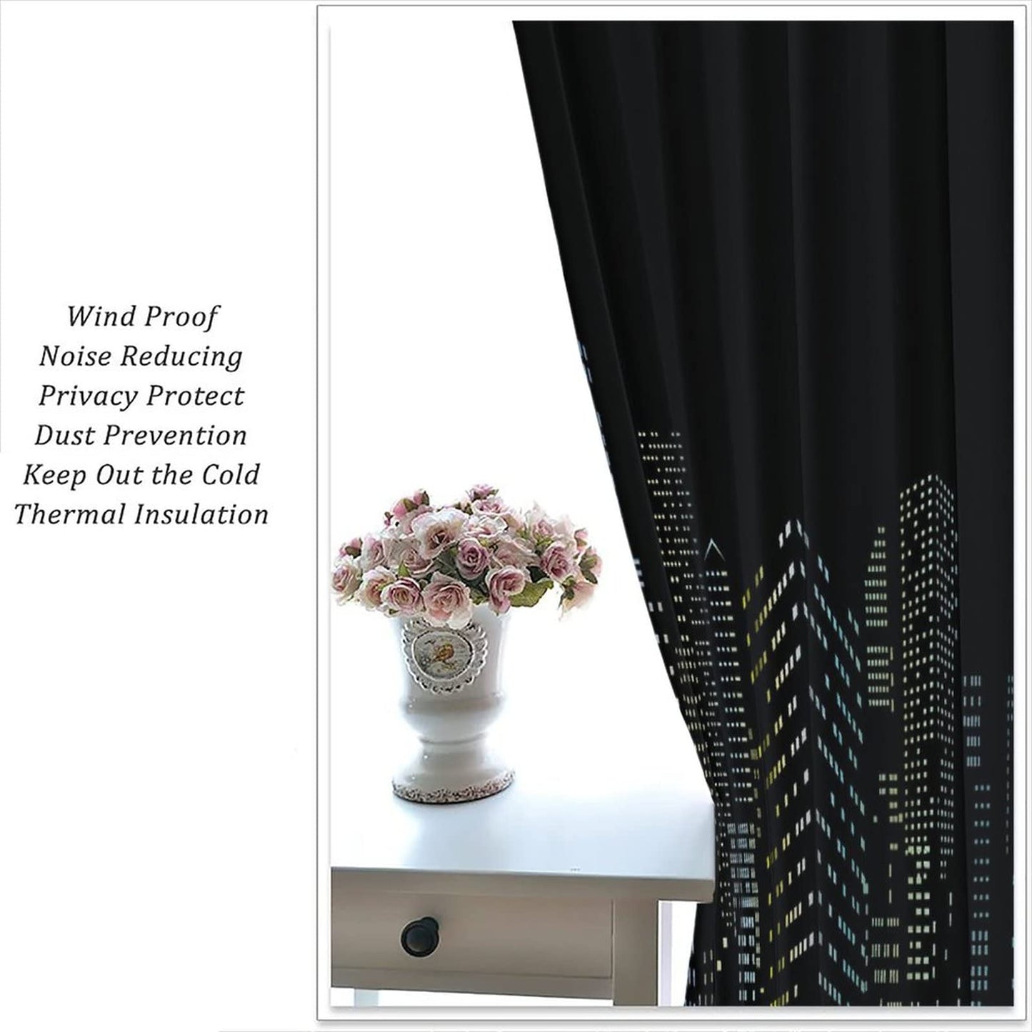 New York Window Curtains,Abstract Modern City Silhouette Black Background Room Darkening Door Window Rod Pocket Curtain for Living Room Bedroom Kitchen Decor W42xL45in