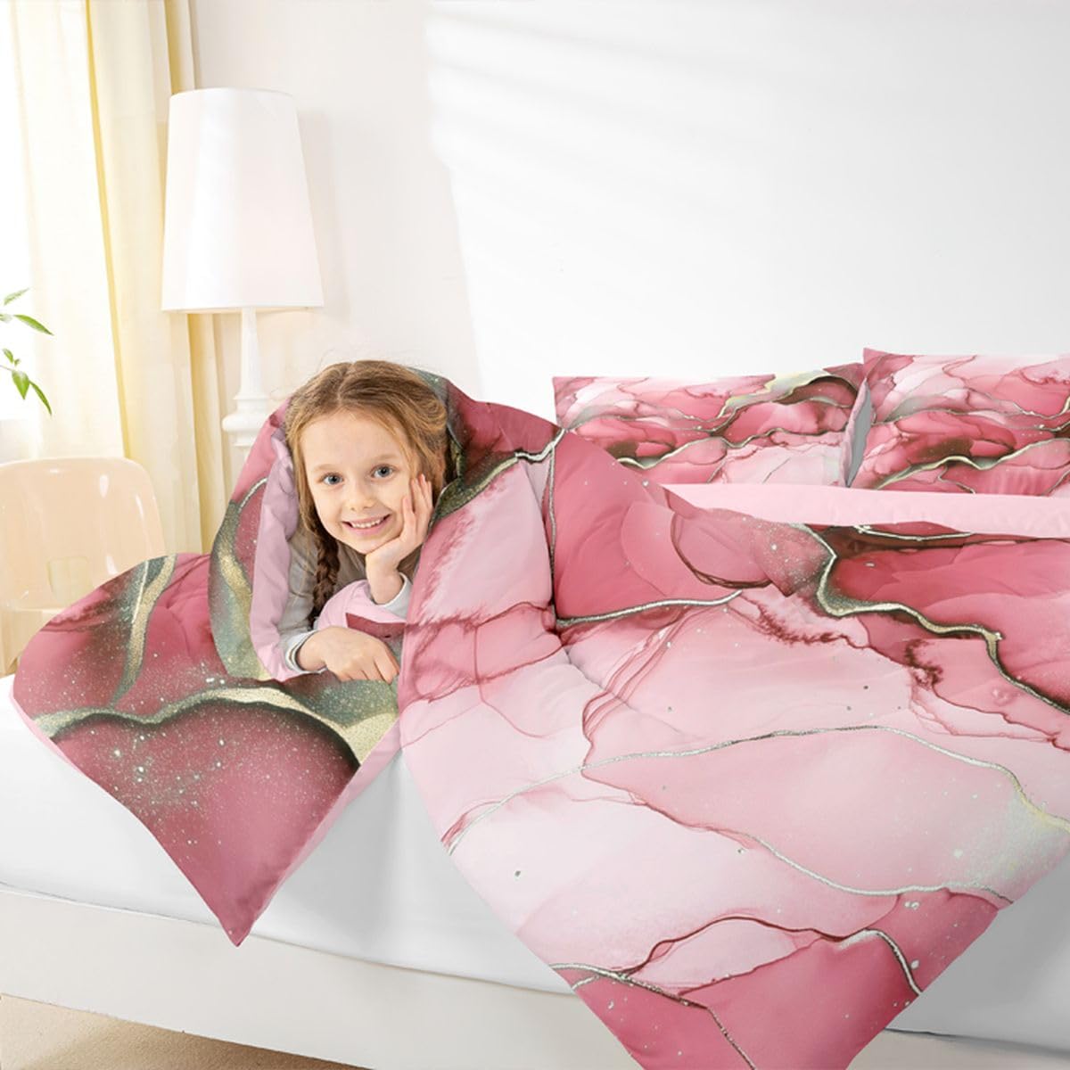 Erosebridal Marble Kids Comforter Sets Pink Marble Print King Bedding Set for Boys Girls Gold Liquid Quicksand Design Comforter Set,Novelty Modern Marbling Quilt Duvet 3 Pcs
