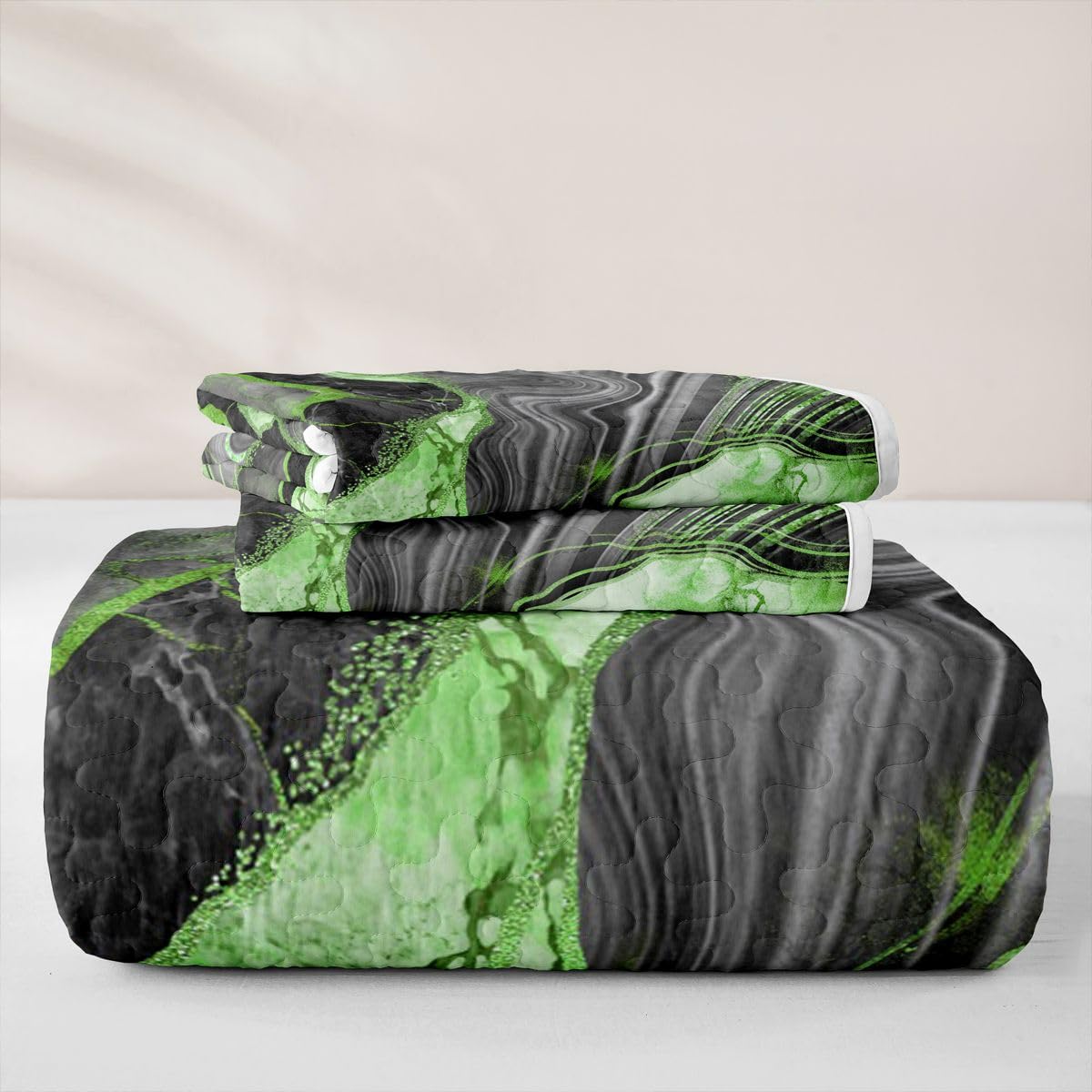 Erosebridal Black Marble Quilt Twin Green Bedding Quilt Set Gray Abstract Marbling Metallic Texture Quilted Bedspread Boho Hippie Fluid Black Coverlet