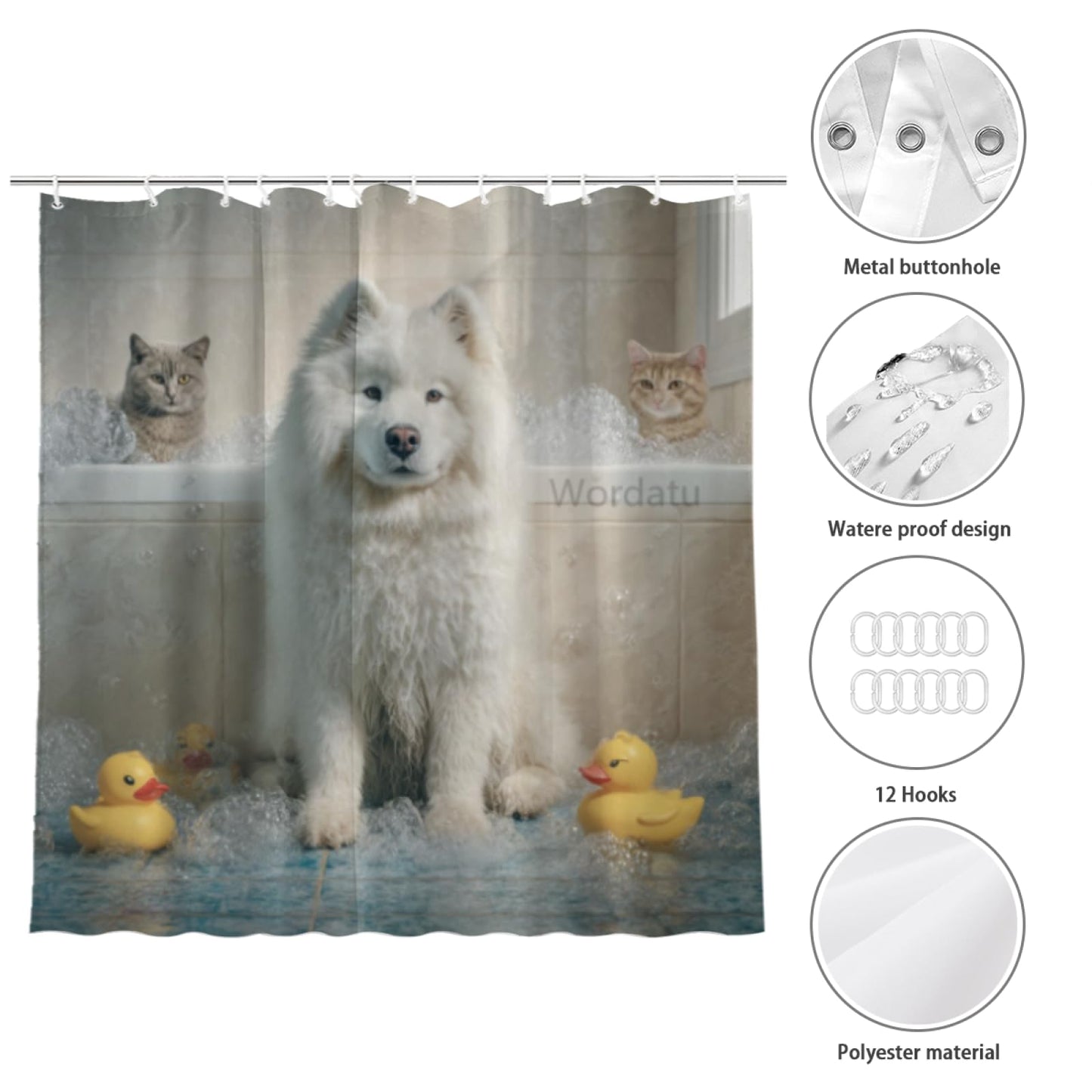 Wordatu Samoyed Shower Curtain Bathroom Set 72X72 Inches Funny Cat Lovely Animals in Bathtub for Boys Bath Farmhouse Art Home Decor Fabric 12 Hooks
