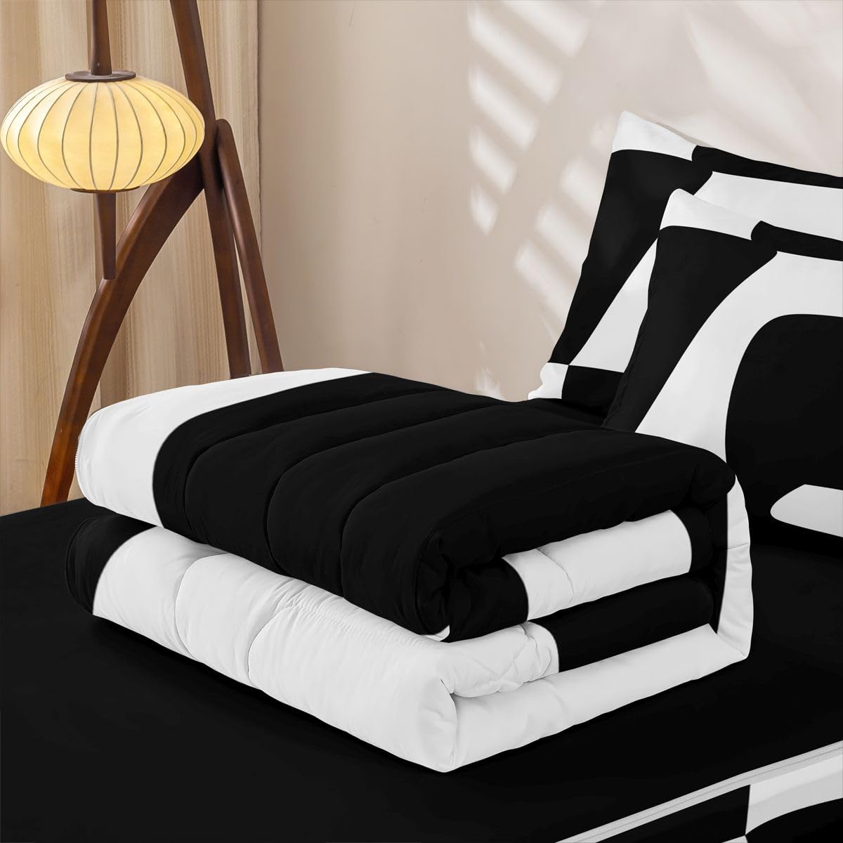 Erosebridal Black and White Abstract Zippered Comforter Set Boho Geometric Striped Zipper Bedding Set Twin Size Minimalist Modern Art Bed in a Bag Simple Aesthetic Modern Comforter with Sheets