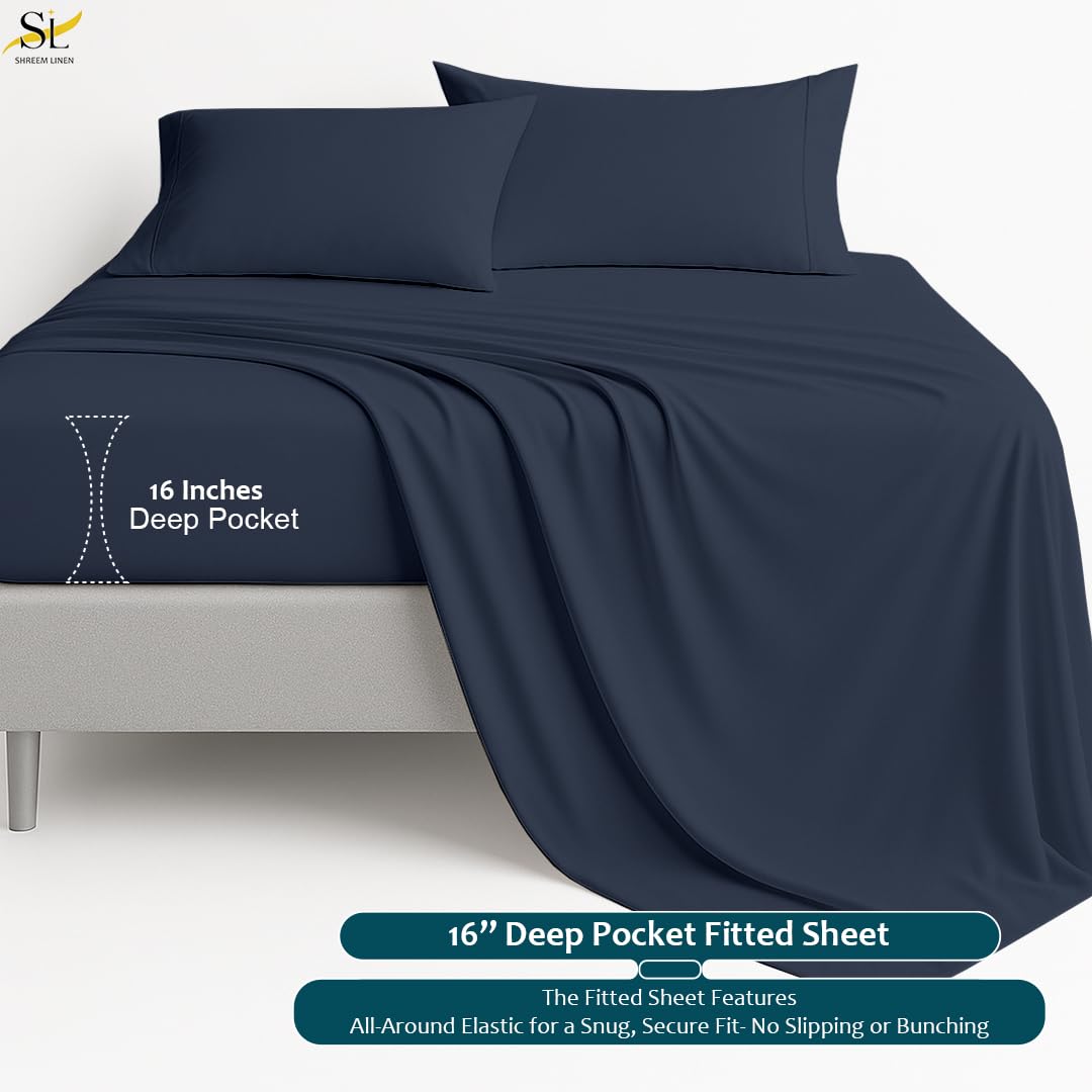 King Sheet Set - 4 Piece Ultra Soft Brushed Microfiber Bed Sheets - 15" Deep Pockets, Wrinkle-Free & Breathable for a Secure Fit Sheets & Pillowcases (King, Navy Blue)