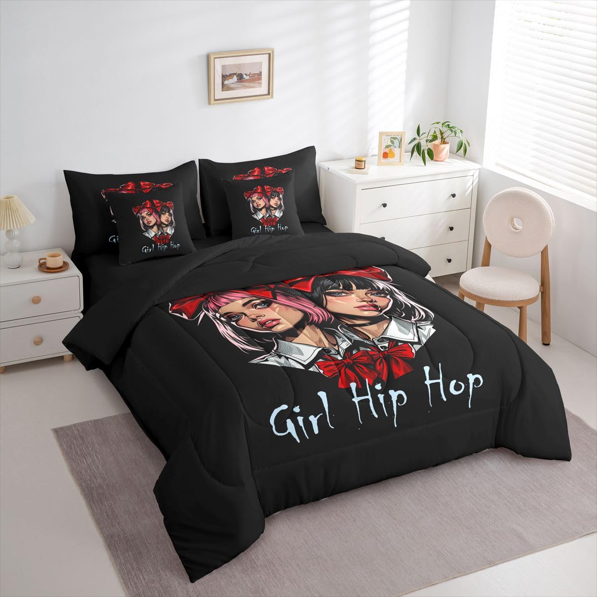 Erosebridal Cute Hip Hop Girl Twin Size Bedding Set Teens Women Red Bowtie 7 Pieces Comforter Set with Sheets Sweet Pink & Black Hair Anime Girls Bed in a Bag Funky Art Bed Sets
