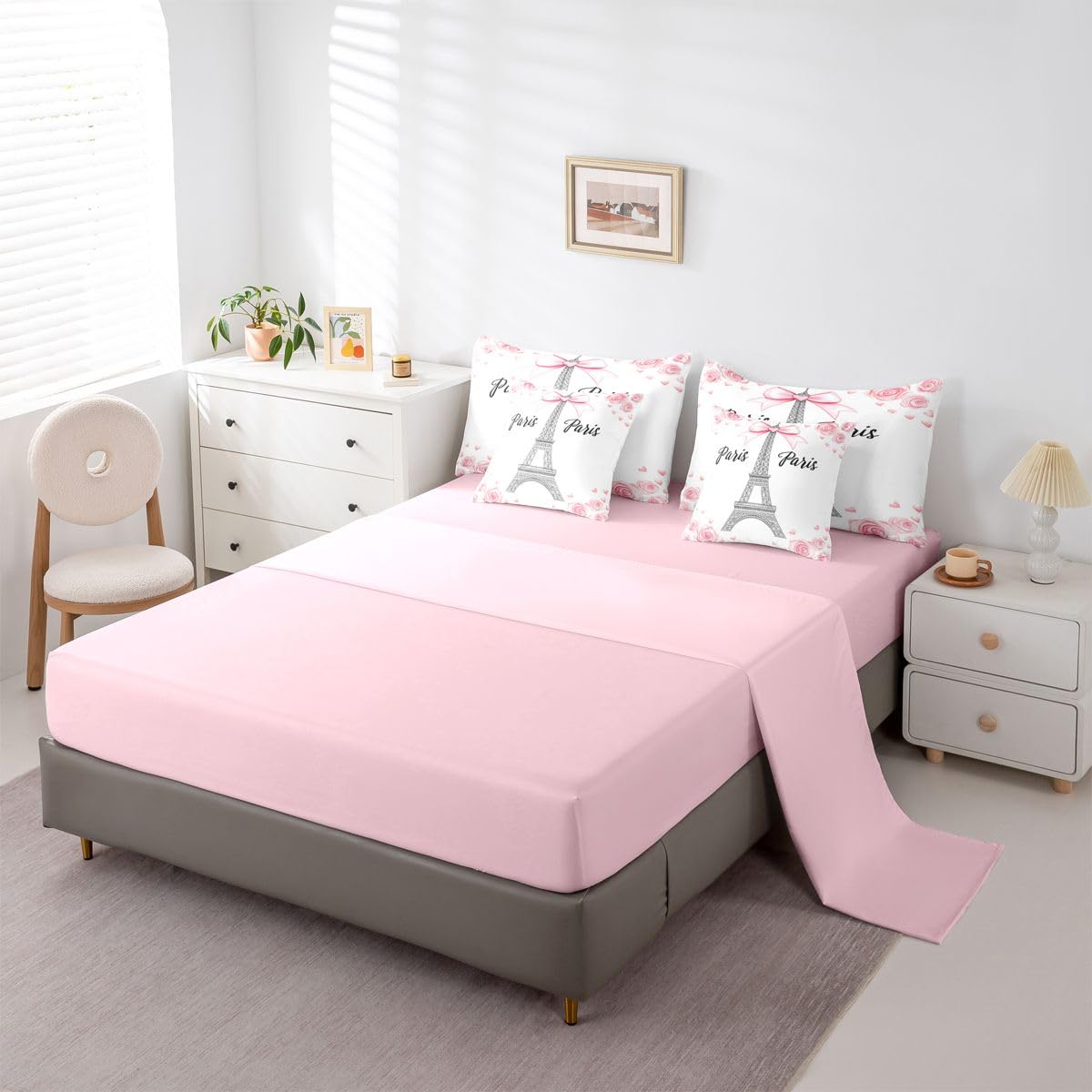 Erosebridal Eiffel Tower 7 Pcs Bedding Set Twin Kawaii Pink Bowknot Comforter Set with Sheets Rose Bed in A Bag Romantic Ribbon Bow Kids Girls Bedroom Decor