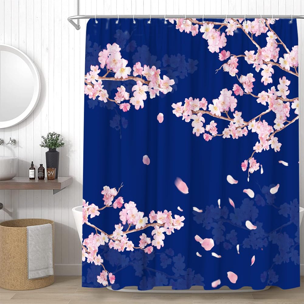 YSSFAV Cherry Blossom Shower Curtain Asian Japanese Chinese Plum Floral Aesthetic Navy Blue Bathroom Decor Curtains Set with Hooks, 70" W x 70" H