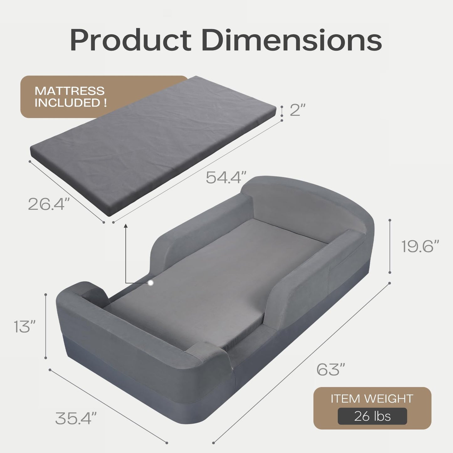 ENITYA Toddler Floor Bed, No Assembly Needed, Mattress Included, Boneless Kids Foam Bed with Built-in Guardrails, Ideal for Boys and Girls Aged 3-6 Years,Grey