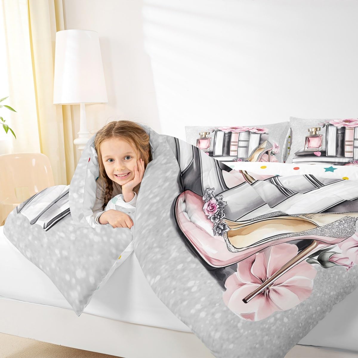 Erosebridal Pink Girly King Bedding Set Silver Fashion Comforter Set Women Girls Gray Pink Flower Perfume Quilt High Heels Magazine Books Floral Duvet Insert