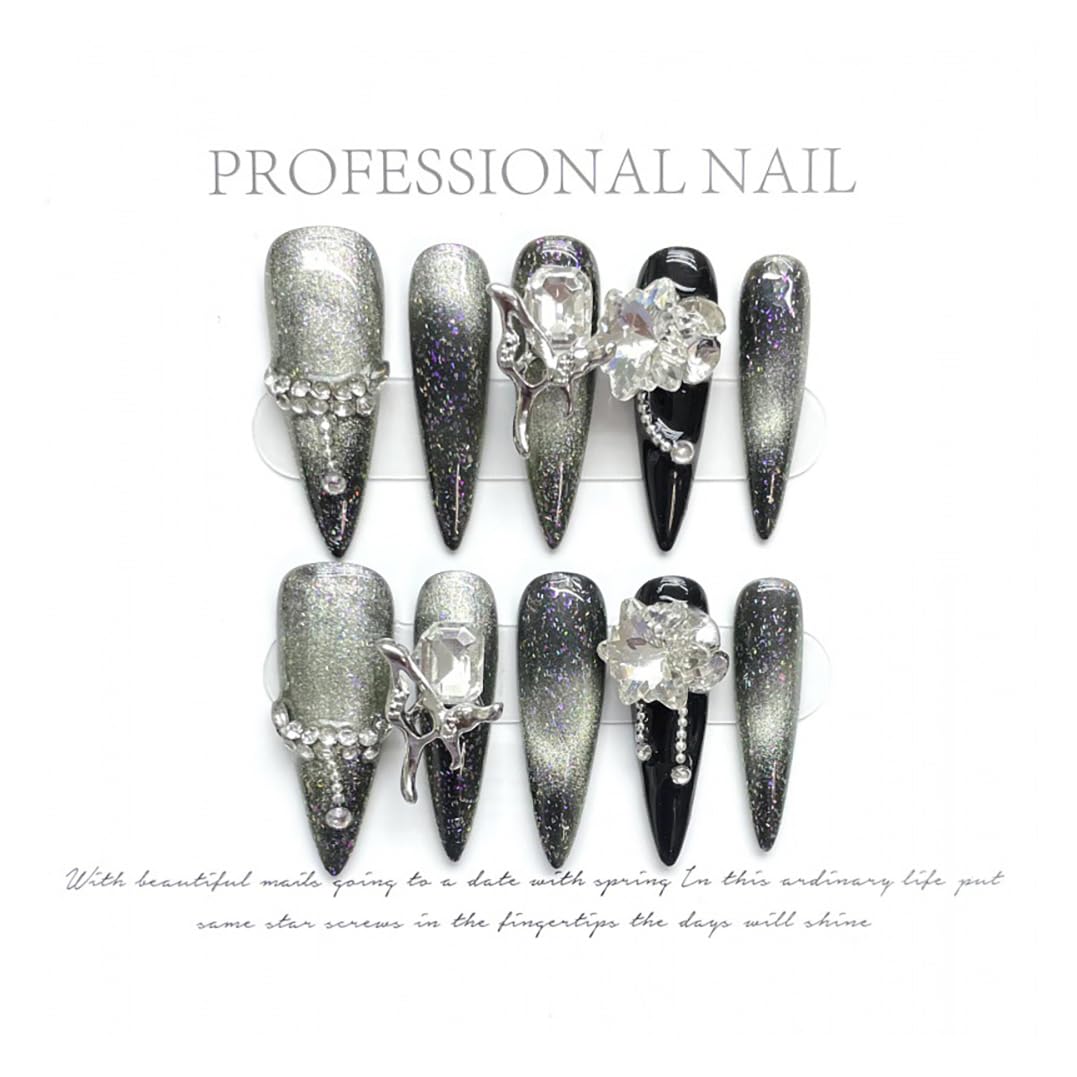 JIEADJIE Press On Nails (100% Handmade),Length Version,Handmade Painted Nail Art by Nail Technician,Luxury Party and Holiday Styles (Black Flash Silver, Small)