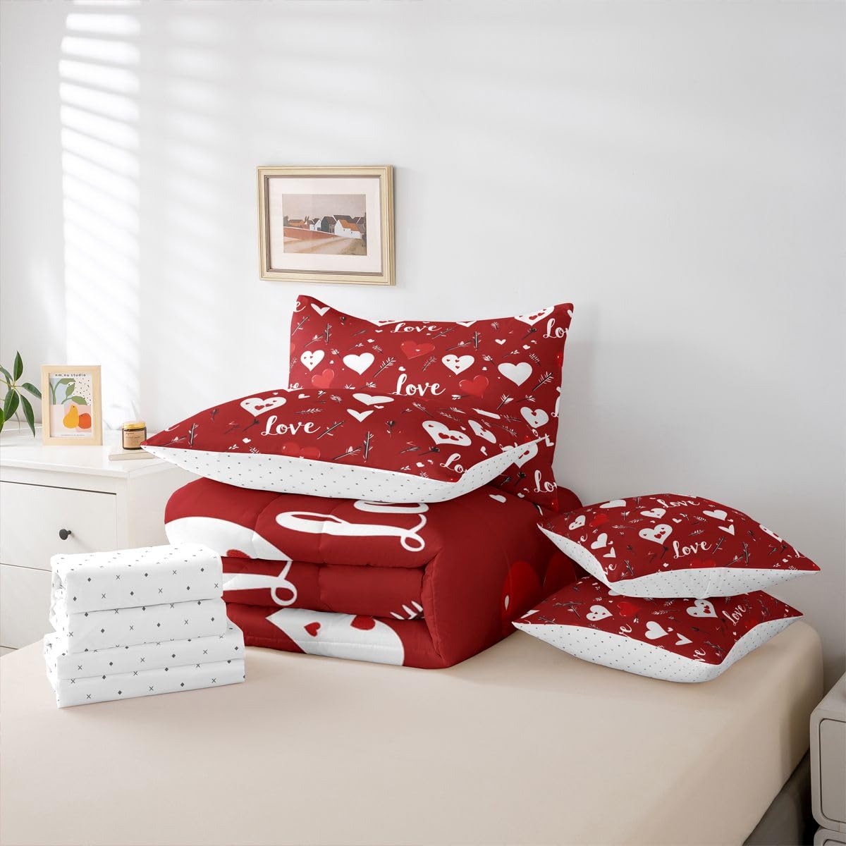 Erosebridal Red Valentines Day Full Bedding Set - Valentines Love Heart Bed in A Bag,Heart Printed Comforter Sets with Sheets, Couple Romance Gifts 7 Pieces Bed Set Bedroom Decor