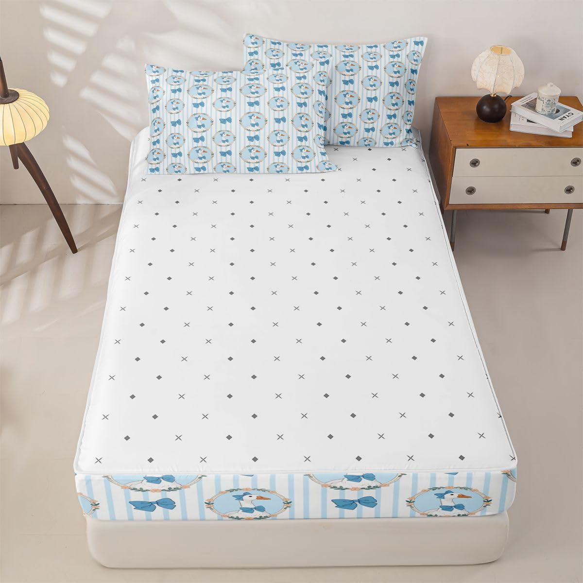 Erosebridal Duck Zippered Bedding Set Full Bowknot Comforter Set Pastoral Style Bow Stripes Wreath Bed in a Bag Cute Cartoon Ducks Blue Bow Zipper Quilt Fitted Sheet,2 Pillowcases