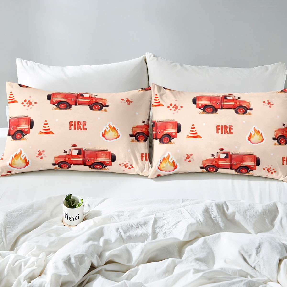 Cartoon Car Kids Fire Truck Sheets with Deep Pocket Fitted Sheet for Boys Firefighter Bed Sheets Breathable Firemen Car Vehicle Fire Engine Cute Bear Bedding Set Room Decor Full Size