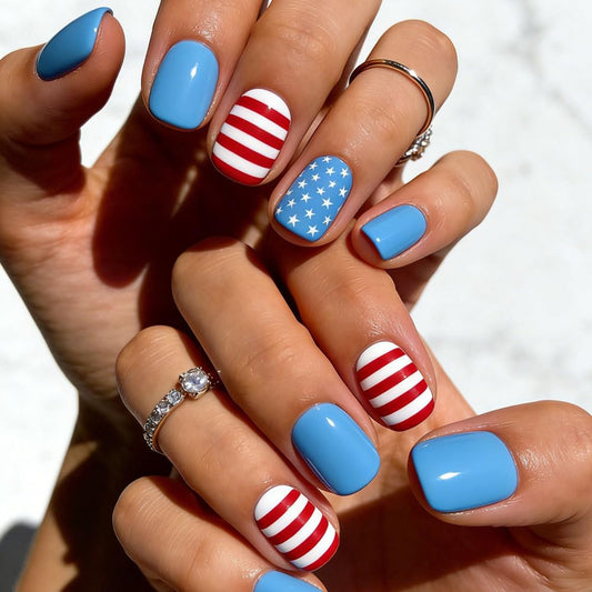 24Pcs Independence Day Press on Nails Short Square Fake Nails Red Blue White Stripes Stars Stick on False Nails Reusable Glossy Acrylic 4th of July Nails Full Cover Glue on Nails for Women Decor