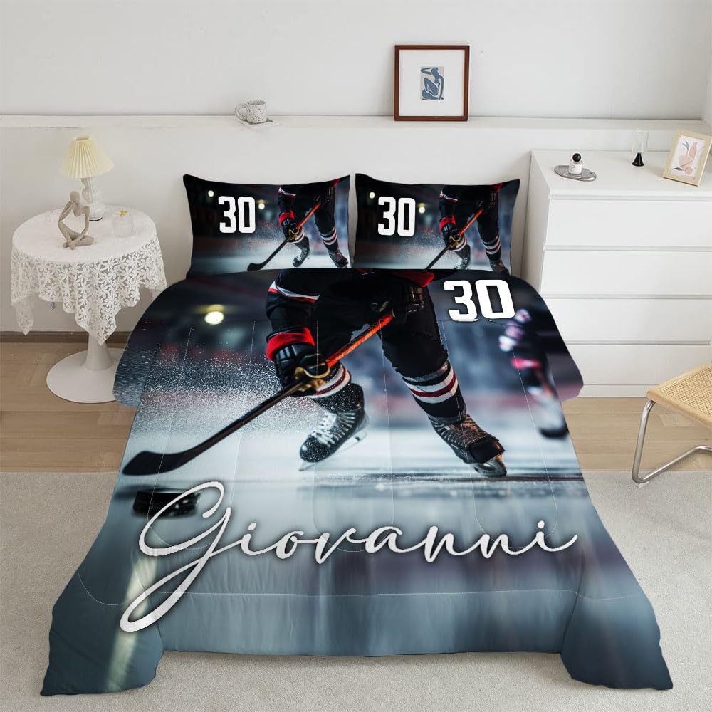 WAZARO Custom Amazing Ice Hockey Comforter Set, Personalized Hockey Bedding Twin Full Queen King, Hockey Decorations for Boys Room Bedspreads Sport Home Decor (Love Ice Hockey)
