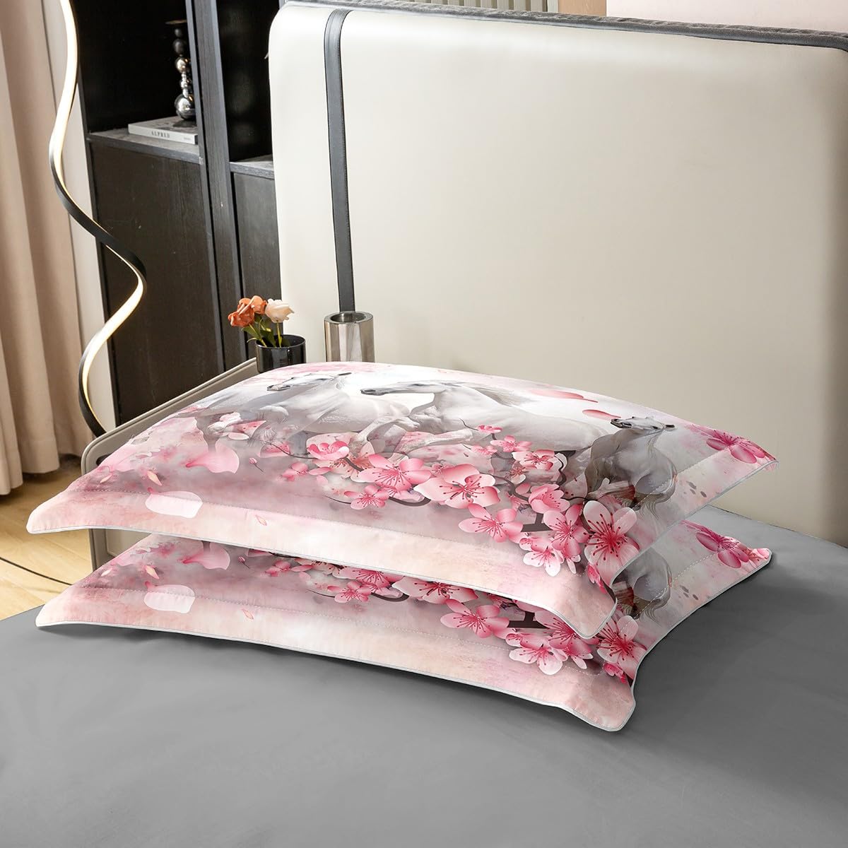 100% Cotton Galloping Horse Comforter Cover, Teens Western Cowboy Duvet Cover Queen Size, Cherry Blossoms Petal Bedding Set for Kids Boys Girls, Farm Animal Quilt Cover Living Room Decor, Pink White